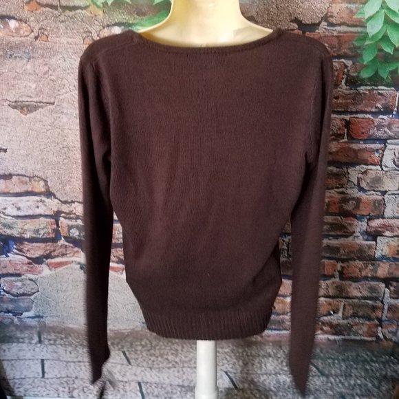 Brown V Neck Pearl Button Down Cardigan - Picture 3 of 5